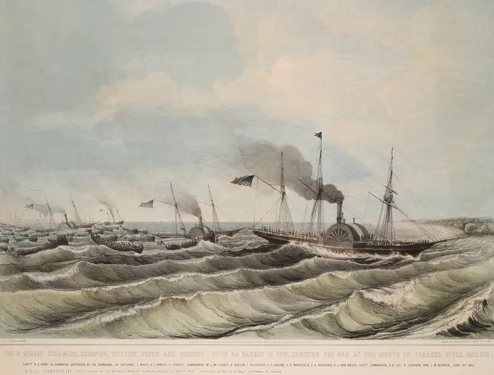 Framed Print : Mexican American War. US Blockade of ports on Mexico's southeast coast in the state of Tabasco. The US Naval Expedition under Commodore Mathew C. Perry, June 14, 1847