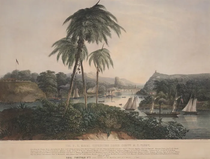 Framed Print : Mexican American War. US Blockades of ports on Mexico's southeast coast in the state of Tabasco. The US Naval Expedition under Commodore Mathew C. Perry, April 19, 1847 Framed Print : Mexican American War. US Blockades of ports on Mexico's southeast coast in the state of Tabasco. The US Naval Expedition under Commodore Mathew C. Perry, April 19, 1847
