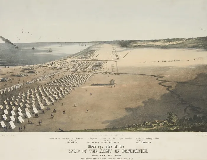 Framed Print : Mexican American War. Camp of the US Army of occupation near Corpus Christi, Texas, on the Nueces River in Oct. 1845. The Army commanded by Gen