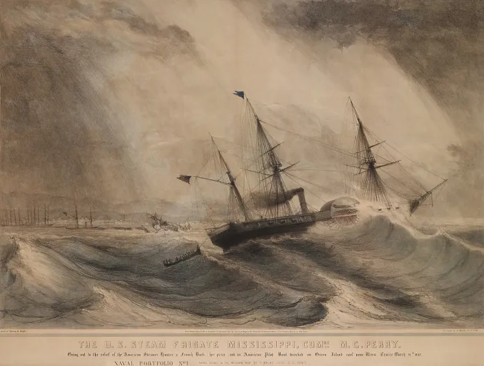 Framed Print : Mexican American War. Campaign to invade Central Mexico via Vera Cruz. The US Steam Frigate Mississippi, the Flagship of Commodore Mathew C