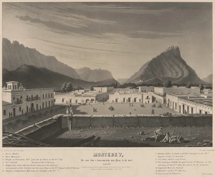 Framed Print : Mexican American War. Monterey, in October 1846, after the battle and occupied by the US Army commanded by Gen. Zachary Taylor. The previous day, Gen Framed Print : Mexican American War. Monterey, in October 1846, after the battle and occupied by the US Army commanded by Gen. Zachary Taylor. The previous day, Gen