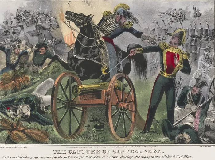 Framed Print : Mexican American War. Scene of the capture of Mexican General Romulo Diaz de la Vega, at the Battle of Resaca de la Palma on May 9, 1846, by US Dragoons led by Capt. Charles May