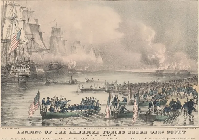 Framed Print : Mexican American War. Siege and bombardment of Vera Cruz by US Navy guns moved inland