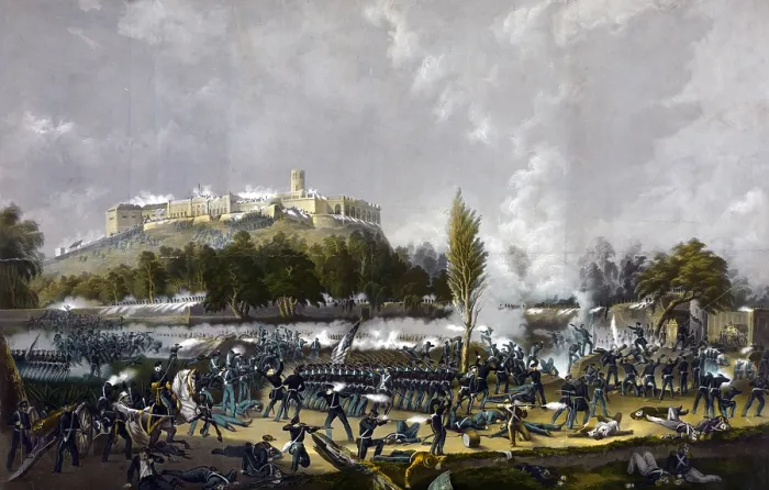 Framed Print : Mexican-American War. The storming of Chapultepec, Sept. 13th 1847  /  drawn on stone, printed in colours by Sarony & Major. Color Lithograph, Currier & Ives, 1848