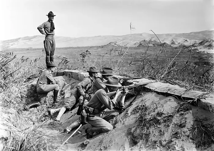 Framed Print : The Mexican Revolution. American infantry take position outside of the American-occupied port city of Vera Cruz, Mexico. ca. 1917