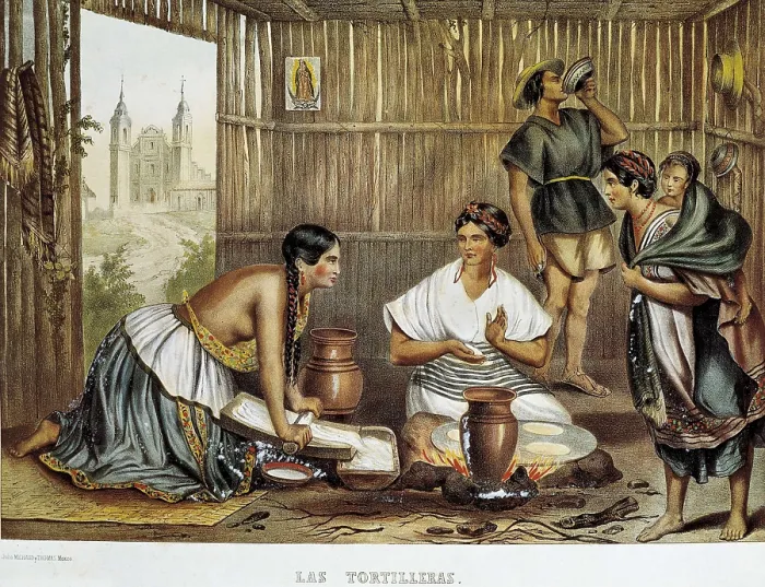 Framed Print : Mexico (19th c.). 'Las tortilleras'. Indian women cooking 'tortitas'. Litography. MEXICO. Mexico City Framed Print : Mexico (19th c.). 'Las tortilleras'. Indian women cooking 'tortitas'. Litography. MEXICO. Mexico City