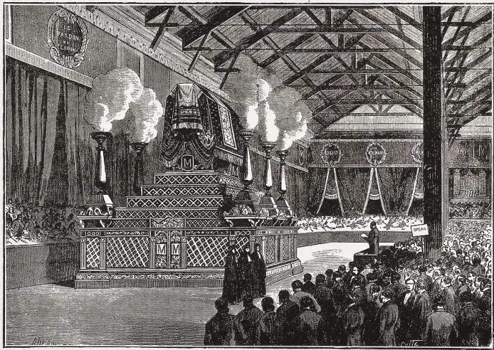 Framed Print : Meyerbeer, Giacomo (1791-1864). Meyerbeer's exequies at the North Station of Paris. Image published in 'Le Monde Illustre' (May 1864). Etching