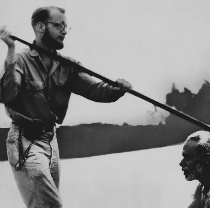 Framed Print : Michael Rockefeller, in a canoe with a native during his anthropological exploration in Dutch New Guinea. On Nov