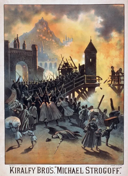 Framed Print : MICHAEL STORGOFF; THE COURIER OF THE CZAR, based on the 1876 novel by Jules Verne. The Kiralfy brothers spectacular production was a great success. 1882 Poster Framed Print : MICHAEL STORGOFF; THE COURIER OF THE CZAR, based on the 1876 novel by Jules Verne. The Kiralfy brothers spectacular production was a great success. 1882 Poster