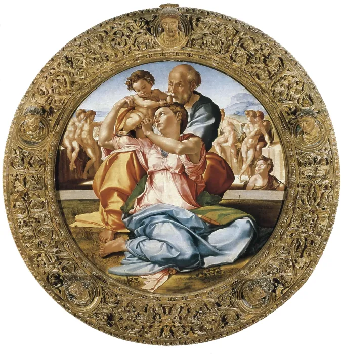 Framed Print : Michelangelo (1475-1564). The Holy Family with St. ca. 1505 - 1507. Realized on the occasion of the birth of Agnolo Doni and Maddalena Strozzi's first daughter