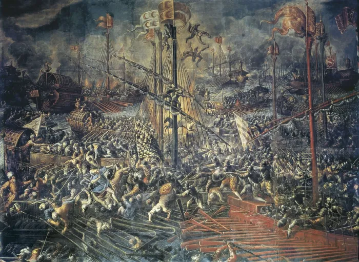 Framed Print : MICHIELI, Andrea, called Il Vicentino (1542-1617). The Battle of Lepanto. 1570s. Oil on canvas. ITALY. Venice. Ducal Palace. AISA / Everett Collection**US SALES ONLY** Framed Print : MICHIELI, Andrea, called Il Vicentino (1542-1617). The Battle of Lepanto. 1570s. Oil on canvas. ITALY. Venice. Ducal Palace. AISA / Everett Collection**US SALES ONLY**