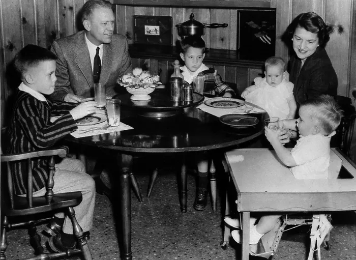 Framed Print : Michigan Representative Gerald Ford has dinner with wife Betty and their four children Mike, Jack, Susan, and Steve Framed Print : Michigan Representative Gerald Ford has dinner with wife Betty and their four children Mike, Jack, Susan, and Steve