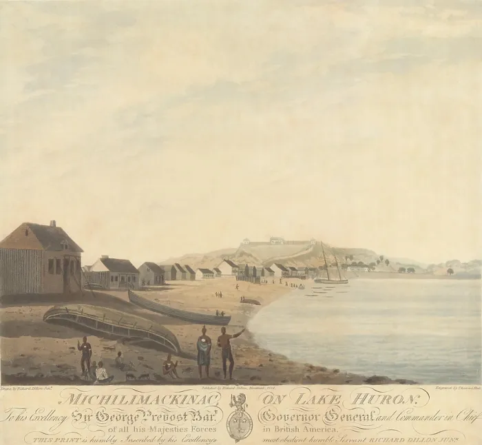 Framed Print : MICHILIMACKINAC, ON LAKE HURON, by Richard Dillon & Thomas Hall, 1813, British engraving