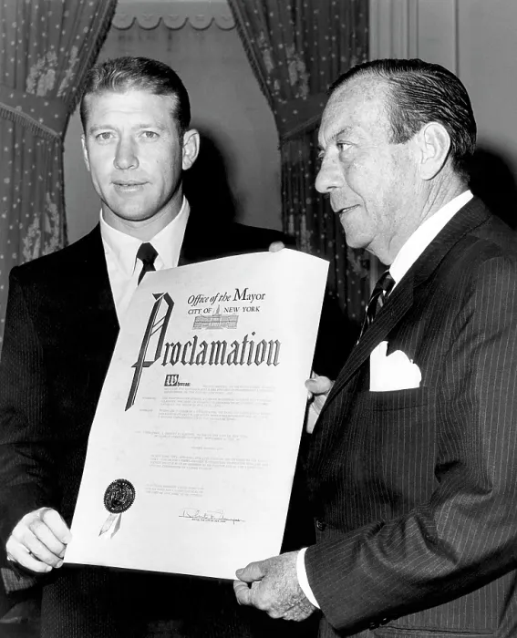 Framed Print : Mickey Mantle, and New York Mayor Robert F. Wagner. The New York Mayor is presenting a proclamation designating September 18th, 1956, as Mickey Mantle Day
