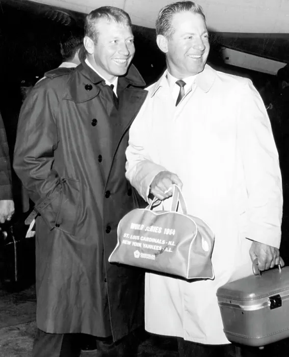 Framed Print : Mickey Mantle, and Whitey Ford, American baseball players for the New York Yankees, arrive at Kennedy International Airport, New York, April 11, 1966