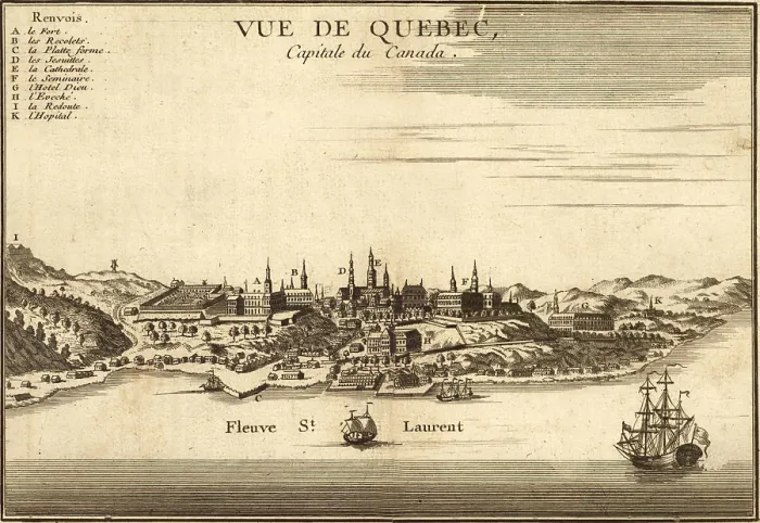 Framed Print : Mid 18th century view of Quebec, the capital of Canada, showing the building development on the lowland the St. Lawrence River