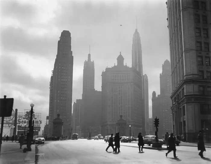 Framed Print : Mid-century Chicago, looking down Michigan Avenue, 1951. Buildings shown are (L-R) #333 No