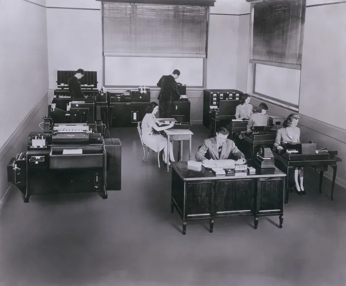 Framed Print : Mid-century state of the art IBM computers with punch-cards and sorters