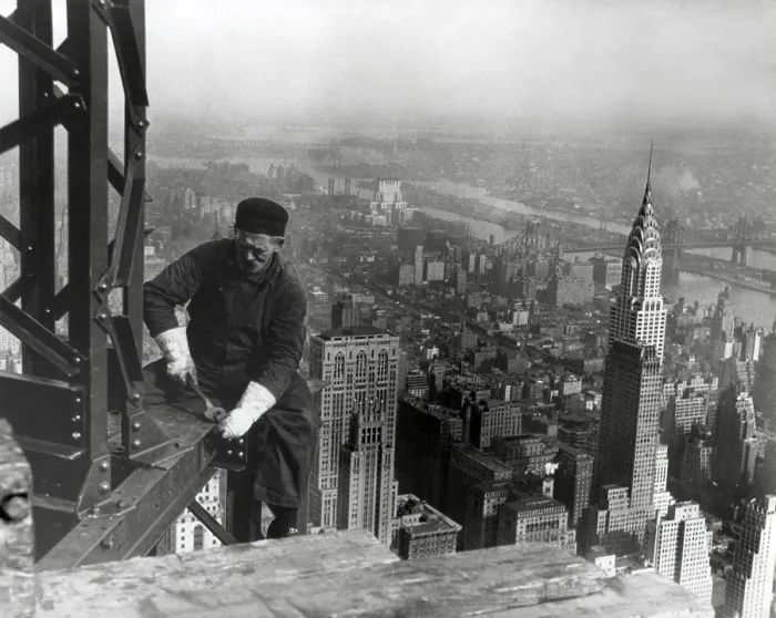 Framed Print : Middle aged iron worker at the Empire State Building construction site, 1930. The Chrysler Building's spire is at right. Photo By Lewis Hine. (BSLOC_2013_8_226)
