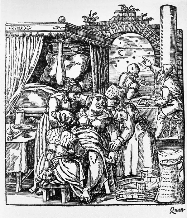 Framed Print : Two midwives comfort a woman sitting in a birthing chair while a third midwife delivers the baby; while in the background two men are consulting astrological charts and the stars Framed Print : Two midwives comfort a woman sitting in a birthing chair while a third midwife delivers the baby; while in the background two men are consulting astrological charts and the stars