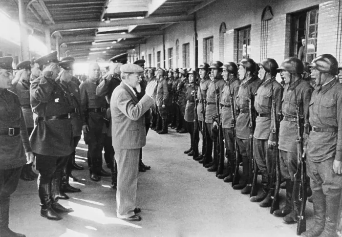 Framed Print : Mikhail Kalinin, Chairman of the Presidium of the Supreme Soviet, reviews troops at Vyborg