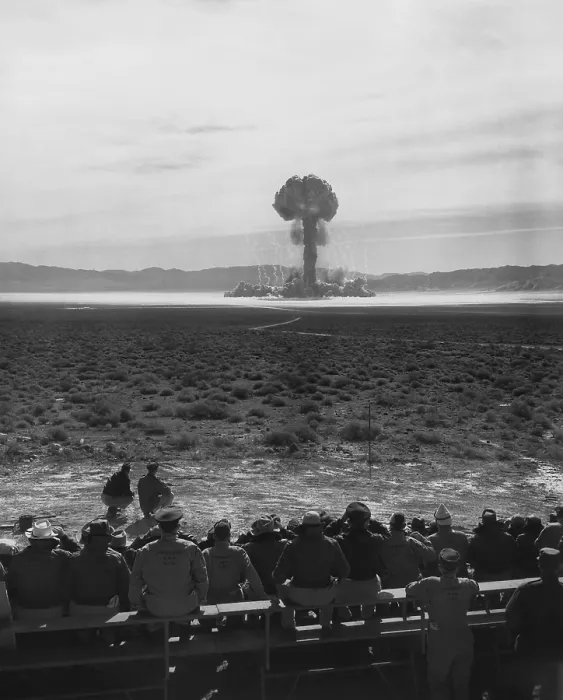 Framed Print : Military and Atomic Energy Commission personnel viewing the detonation of Project Open Shot, Nevada. Operation Tumbler, April 1952 (BSLOC_2015_2_13)