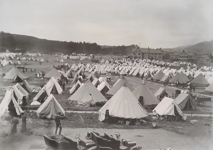 Framed Print : Military Camp on the April 22, 1906, four days after the 1906 San Francisco Earthquake. The camp sheltered the homeless for months as the city was rebuilt