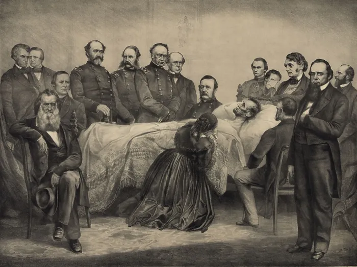 Framed Print : Military commanders and Cabinet members witness Abraham Lincolns death on April 15, 1865. Mary Lincoln kneels at her husbands bedside in a commemorative lithograph