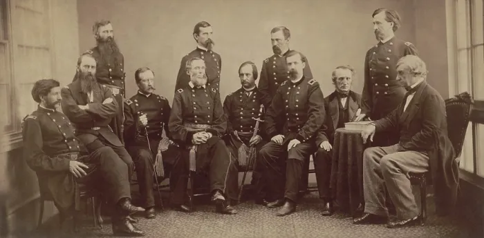 Framed Print : Military commission that tried and convicted the Lincoln conspirators, 1865. Standing, L to R: Brig. Gen. Thomas Harris, Maj. Gen. Lew Wallace, Maj. Gen