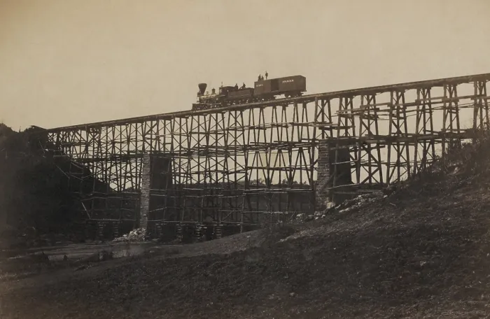 Framed Print : This military railroad bridge across Potomac Creek was rebuilt in May in 1862