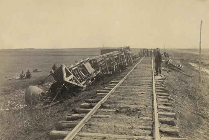 Framed Print : US Military Railroad train off the track, lying on its side near Brandy Station, Virginia, April 1864