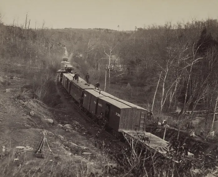 Framed Print : US Military Railroad train stopped on the tracks of the Orange and Alexandria Railroad near Union Mills, Virginia