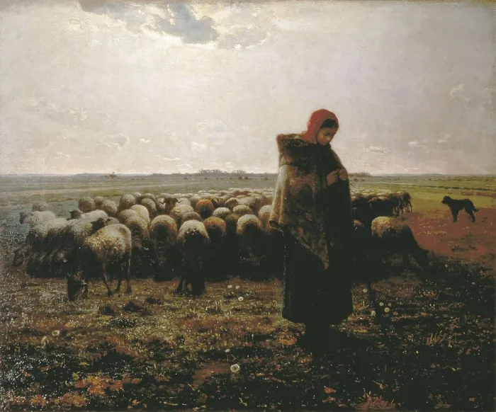 Framed Print : MILLET, Jean Franois (1814-1875). Shepherdess with her Flock. ca. 1864. Realism. Oil on canvas. FRANCE. Paris. Muse d'Orsay (Orsay Museum)