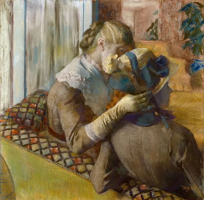 Framed Print : At the Milliners, by Edgar Degas, 1881, French impressionist drawing, pastel on paper. Two women customers, seen from behind, in a millinery shop (BSLOC_2017_3_115)