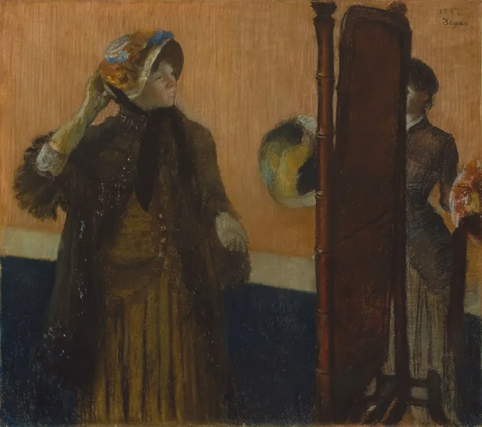 Framed Print : At the Milliners, by Edgar Degas, 1882, French impressionist pastel drawing. American artist Mary Cassatt was Degas model for the customer in this work (BSLOC_2017_3_116)
