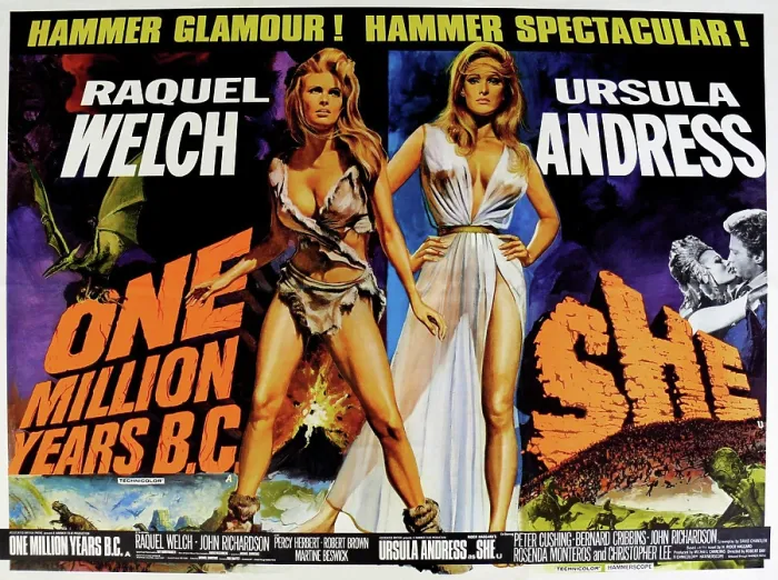 Framed Print : ONE MILLION YEARS B.C. 1966, SHE, 1965, from left: Raquel Welch, Ursula Andress, US lobbycard