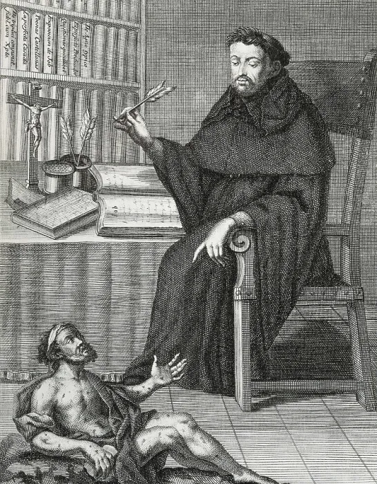 Framed Print : MINGUET, Juan (1737-1784). Fray Luis de Leon. 1779. Fray Luis de Leon gazes at Job who is at his feet. Illustration published in Madrid, at the prinet house of Pedro Marin