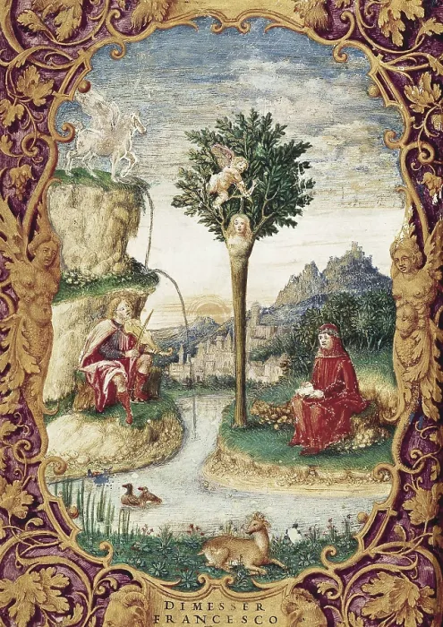 Framed Print : Miniature with Francesco Petrarca, Laura de Noves and a minstrel (14th c.). Miniature Painting. SPAIN. Madrid. National Library. AISA / Everett Collection**US SALES ONLY**