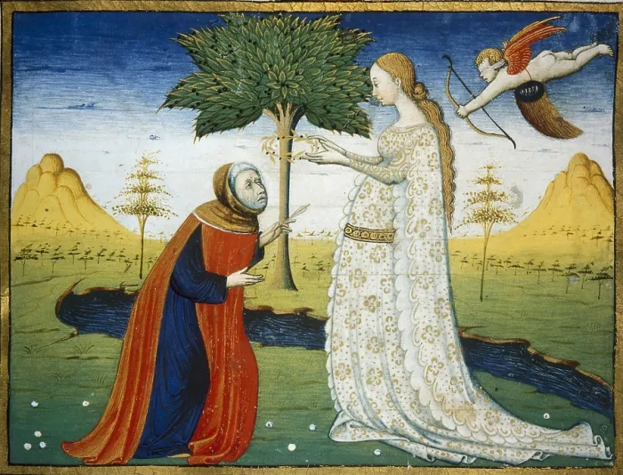 Framed Print : Miniature of Petrarca's songbook depicting Laura de Noves crowning the poet (15th c.). Renaissance art. Quattrocento. Florentine school. Miniature Painting. ITALY. Florence