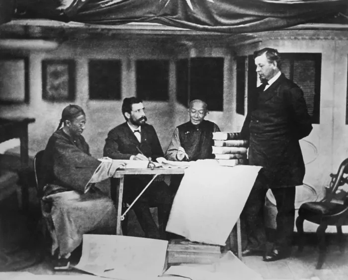 Framed Print : Minister Frederick Low, the US Ambassador to China, with a Chinese translator and secretary. He is on the USS Frigate COLORADO during the Korean expedition of May-June, 1871 Framed Print : Minister Frederick Low, the US Ambassador to China, with a Chinese translator and secretary. He is on the USS Frigate COLORADO during the Korean expedition of May-June, 1871