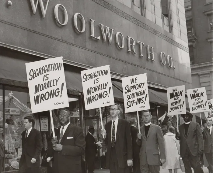 Framed Print : Ministers picket F.W. Woolworth store in New York City, on April 14, 1960, in protest of the store's lunch counter segregation at Southern branches in its chain Framed Print : Ministers picket F.W. Woolworth store in New York City, on April 14, 1960, in protest of the store's lunch counter segregation at Southern branches in its chain