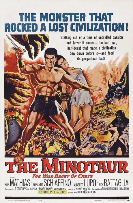 Framed Print : MINOTAUR, THE WILD BEAST OF CRETE, (aka TESEO CONTRO IL MINOTAURO), US poster, from left: Bob Mathias, Rosanna Schiaffino, 1960