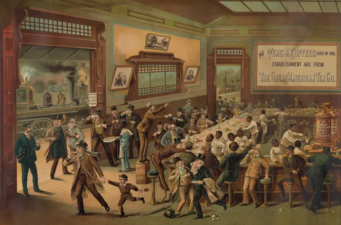 Framed Print : Ten minutes for refreshments at an American railroad station