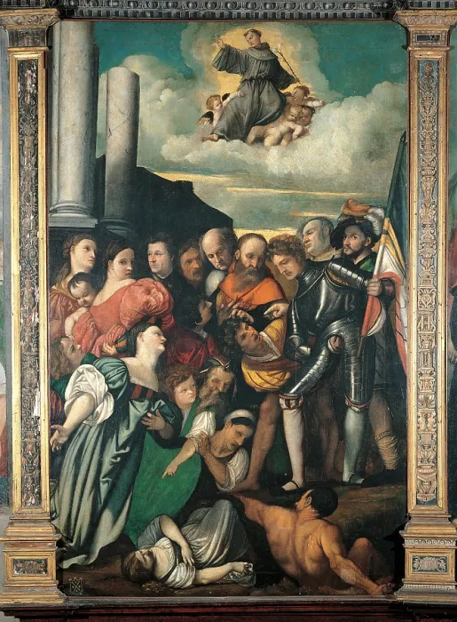 Framed Print : The Miracle of the Drowned Girl, by Domenico Campagnola, 16th Century, canvas, - Italy, Veneto, Padua, Scuola del Santo. All