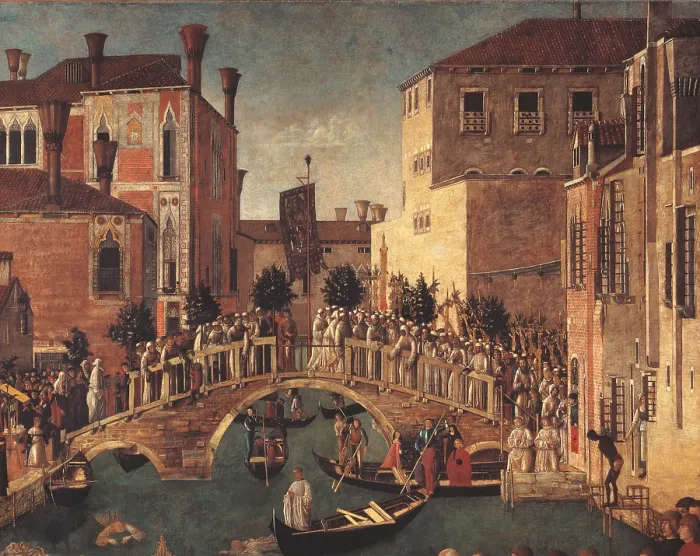 Framed Print : Miracle of the Relic of the Cross on San Lorenzo Bridge, by Gentile Bellini, 1500, 15th Century, oil on canvas, cm 326 x 435 - Italy, Veneto, Venice, Accademia Art Galleries