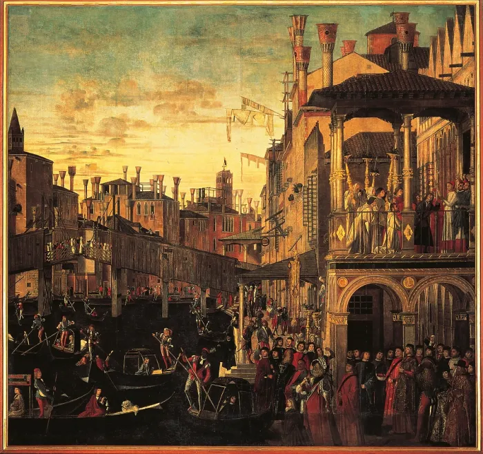 Framed Print : Miracle of the Relic of the True Cross at the Rialto Bridge or The Healing of the Possessed Man, by Vittore Carpaccio, 1494, 15th Century, oil on canvas, cm 371 x 392 - Italy