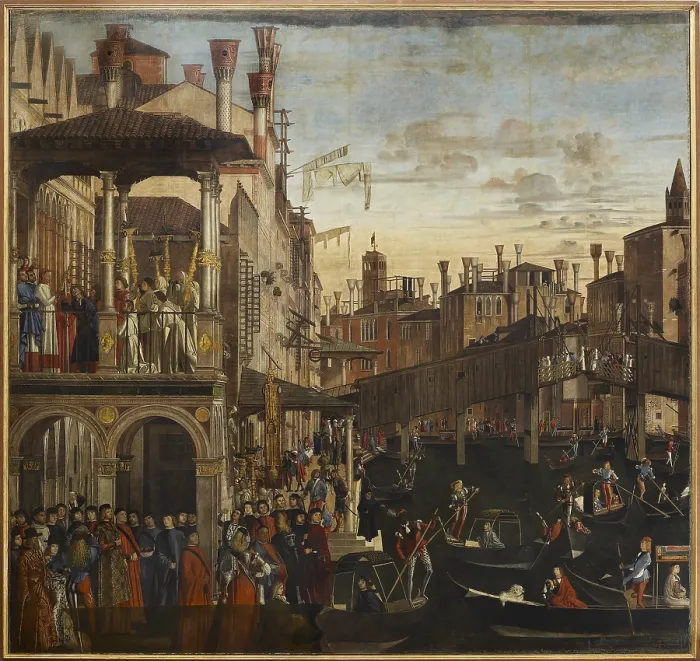 Framed Print : Miracle of the Relic of the True Cross at the Rialto Bridge or The Healing of the Possessed Man, by Vittore Carpaccio, 1494, 15th Century, oil on canvas, cm 371 x 392 - Italy Framed Print : Miracle of the Relic of the True Cross at the Rialto Bridge or The Healing of the Possessed Man, by Vittore Carpaccio, 1494, 15th Century, oil on canvas, cm 371 x 392 - Italy
