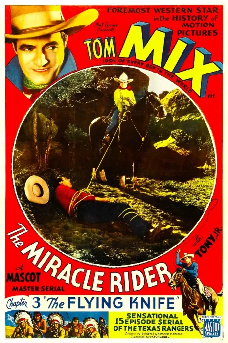 Framed Print : THE MIRACLE RIDER, top left and bottom center: Tom Mix in Chapter 3: The Flying Knife, 1935