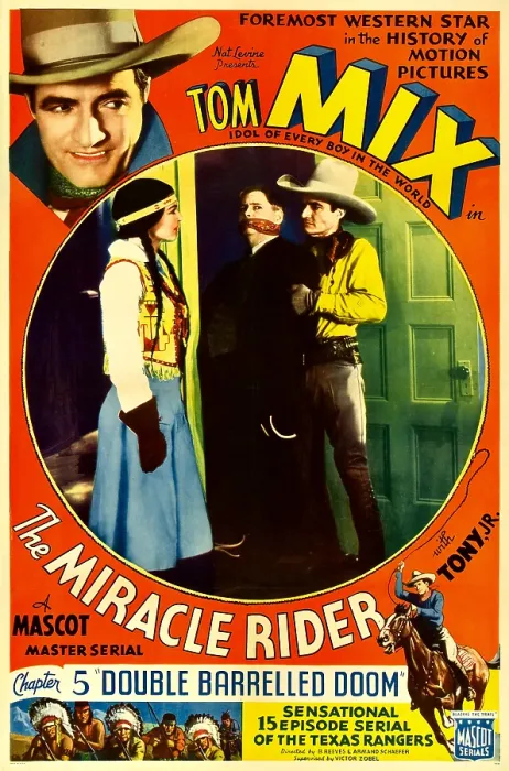 Framed Print : THE MIRACLE RIDER, top right and center right: Tom Mix in Chapter 5: Double Barrelled Doom, 1935