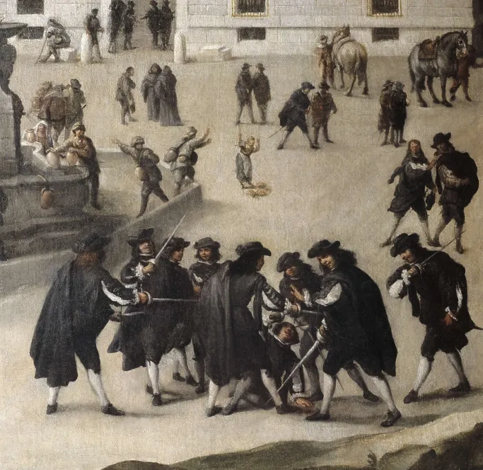 Framed Print : Miracle of the Virgin of Atocha in the Works of the Casa de la Villa. c. 1680. Madrilian anonymous. Right detail with a street duel scene. Oil on canvas. SPAIN. Madrid